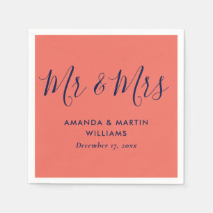 Simple Modern Navy Blue Coral Mr and Mrs Wedding Napkin