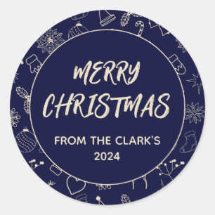 Simple Modern Navy Blue Cute Christmas Classic Round Sticker