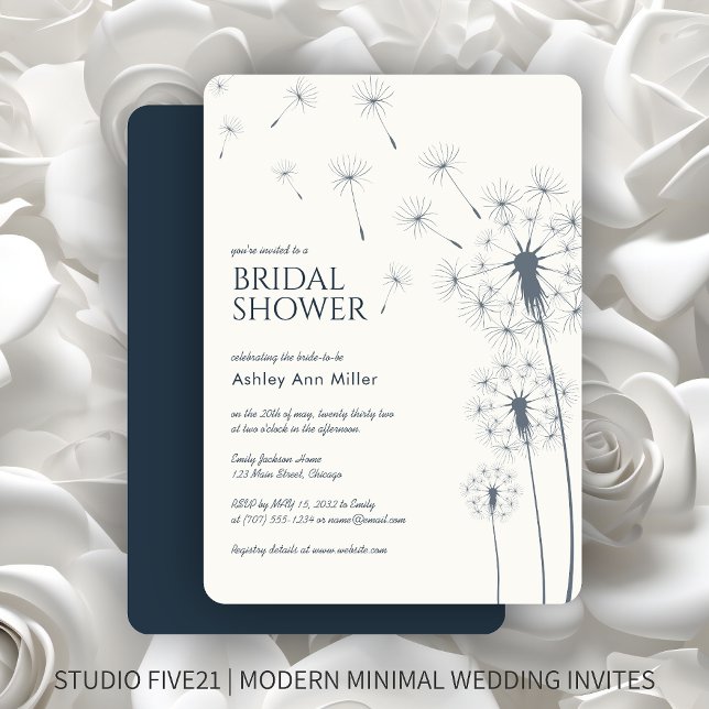 Simple Modern Navy Blue Dandelion Bridal Shower Invitation (Creator Uploaded)