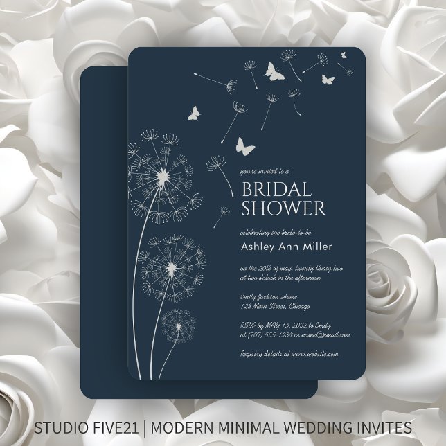 Simple Modern Navy Blue Dandelion Bridal Shower Invitation (Creator Uploaded)