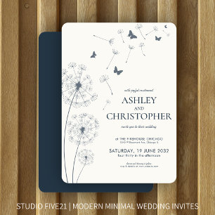 Simple Modern Navy Blue Dandelion Wedding Invitation