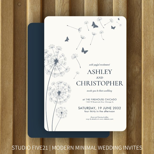 Simple Modern Navy Blue Dandelion Wedding Invitation (Creator Uploaded)