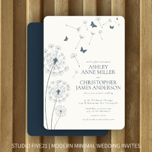 Simple Modern Navy Blue Dandelion Wedding Invitation