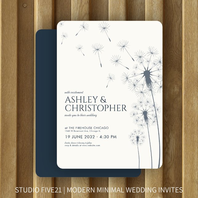 Simple Modern Navy Blue Dandelion Wedding Invitation (Creator Uploaded)