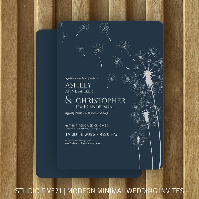 Simple Modern Navy Blue Dandelion Wedding Invitation (Creator Uploaded)