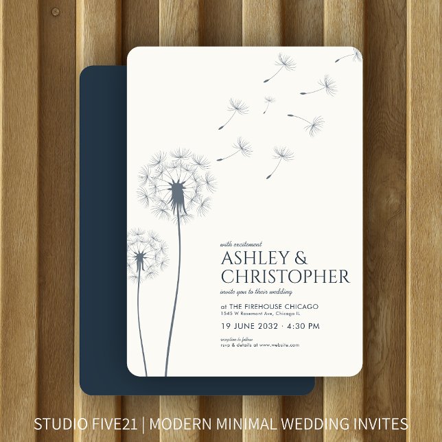 Simple Modern Navy Blue Dandelion Wedding Invitation (Creator Uploaded)