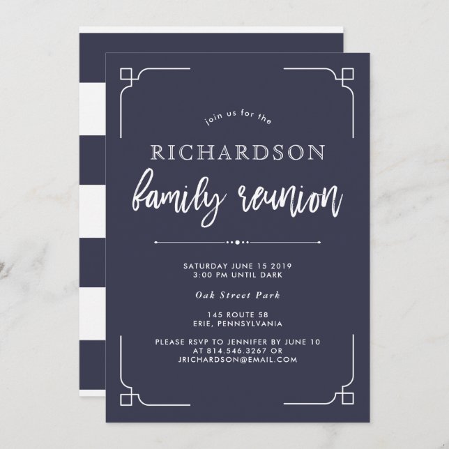 Simple Modern Navy Blue Family Reunion Invitation (Front/Back)