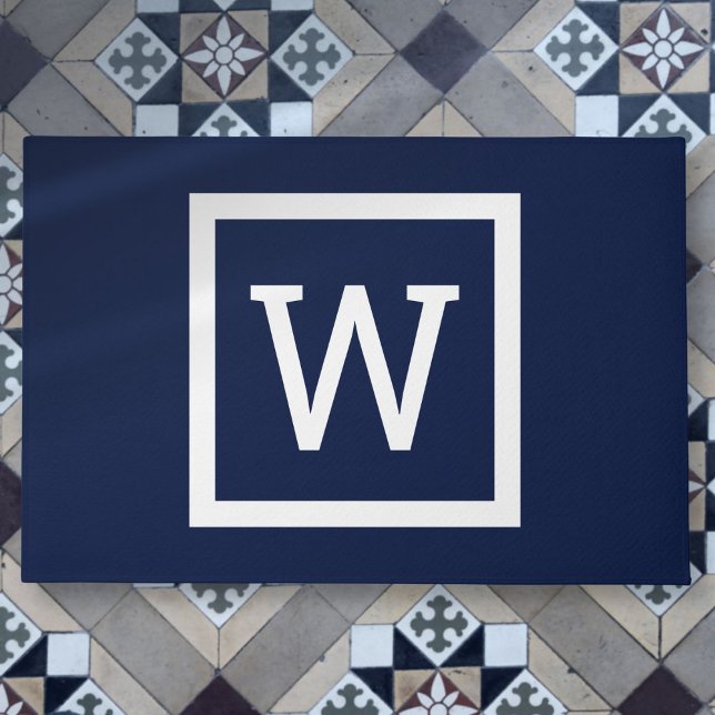 Simple Modern Navy Blue Graphic Border Monogram Doormat (Simple Modern Navy Blue Graphic Border Monogram Doormat)