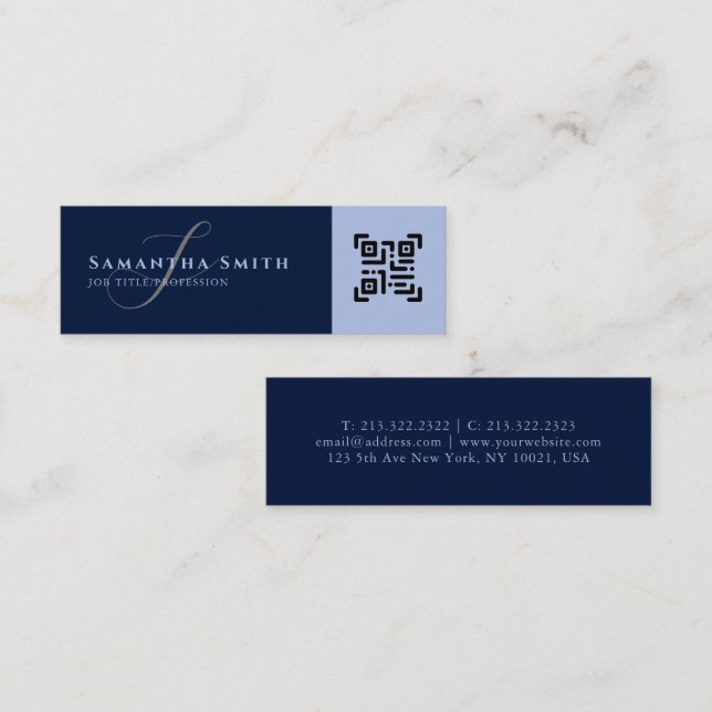 Simple Modern Navy Blue QR or Logo Monogrammed Mini Business Card (Front/Back)