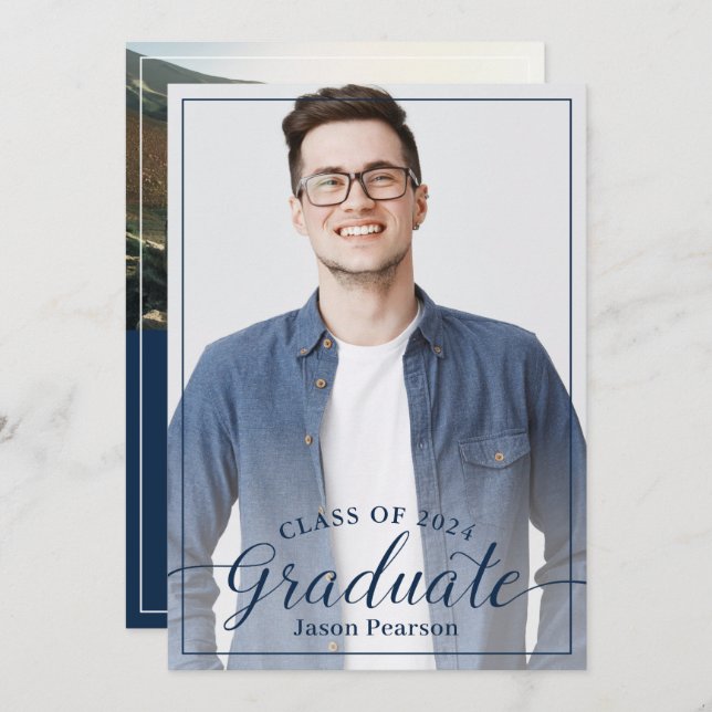 Simple Modern Navy Blue Script Graduation Photo Invitation (Front/Back)