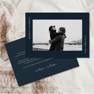 Simple Modern Navy Blue Wedding Romantic Photo Thank You Card