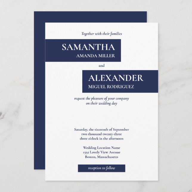 Simple Modern Navy Blue White Geometric Wedding Invitation (Front/Back)