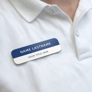 Simple Modern Navy Blue White Title Pin Magnetic Name Tag