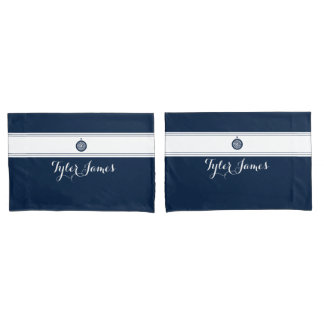 Simple Modern Navy Compass Personalised Script Pillowcase