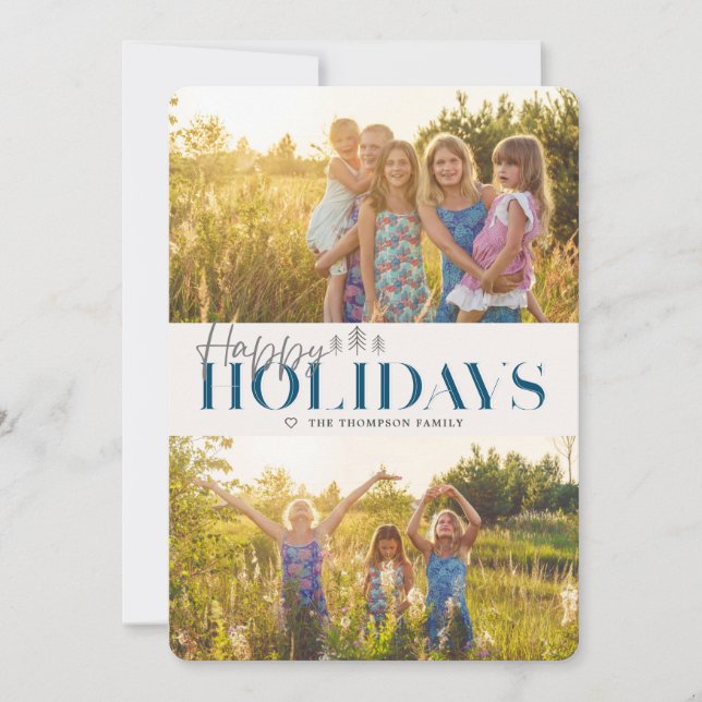 Simple Modern Navy Happy Holidays Two Pictures Holiday Card (Front)