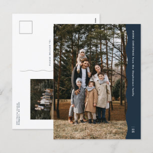 Simple modern navy two-photo wavy edge Christmas Holiday Postcard