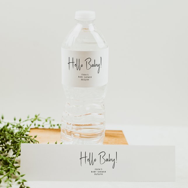 Simple Modern Neutral Baby Shower Hello Baby Water Bottle Label (Creator Uploaded)