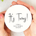 Simple Modern Neutral Baby Shower It's Twins Round Paper Coaster<br><div class="desc">Celebrate your little one with our simple modern neutral baby shower hello twins round paper coaster, featuring a minimalist black-and-white design that is modern and pretty. With its clean, boho-inspired aesthetic, the contemporary, gender-neutral vibe is perfect for welcoming a baby boy or girl in any season—whether it's fall, winter, spring,...</div>