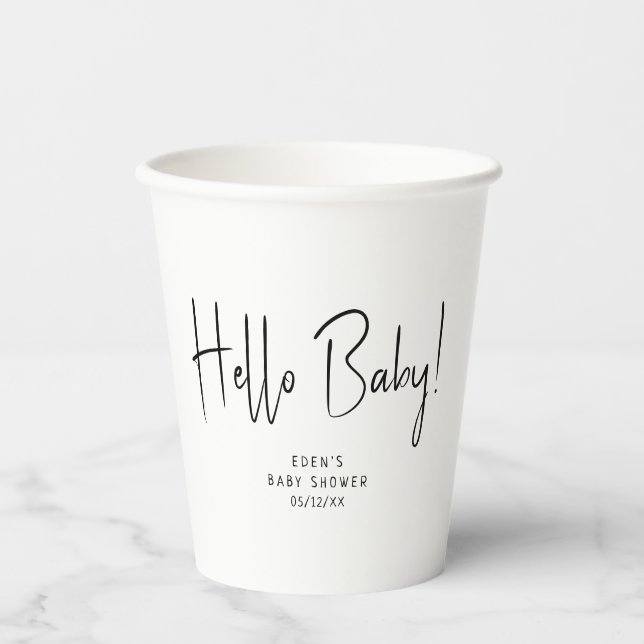 Simple Modern Neutral Hello Baby! Baby Shower Paper Cups (Front)