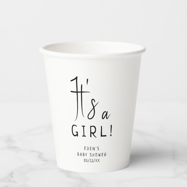 Simple Modern Neutral It's A Girl! Baby Shower Paper Cups (Front)