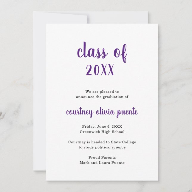 Simple Modern Non Photo Purple Graduation Announcement (Front)