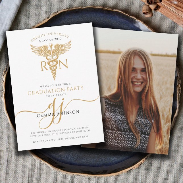 Simple Modern Nurse Graduation Party Gold Script Invitation (Creator Uploaded)