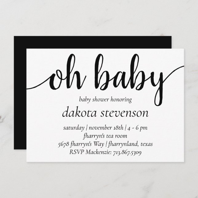 Simple Modern Oh Baby | Flourish Script Shower Invitation (Front/Back)