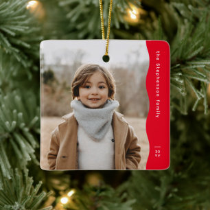 Simple modern one photo wavy edge red Christmas Ceramic Ornament