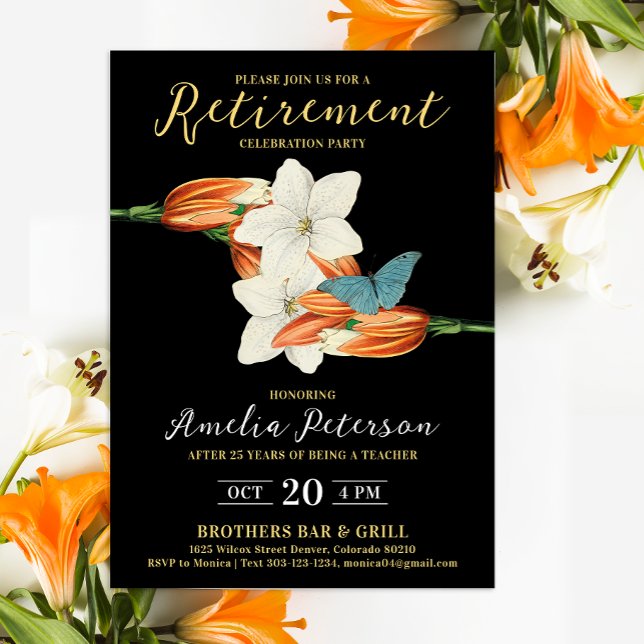 Simple Modern Orange Black Retirement Lily Floral  Invitation (Creator Uploaded)