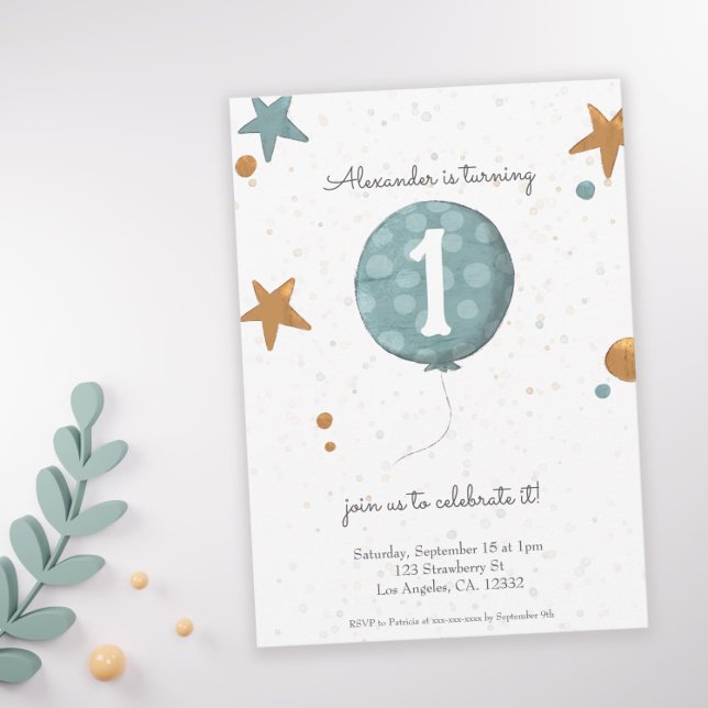 Simple Modern Orange Blue Balloon 1st Birthday Invitation (Creator Uploaded)