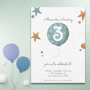 Simple Modern Orange Blue Balloon 3rd Birthday Invitation