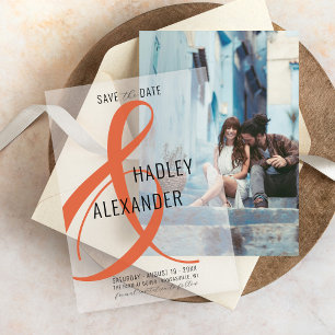 Simple Modern ORANGE Overlay Wedding Save the Date Vellum Invitations