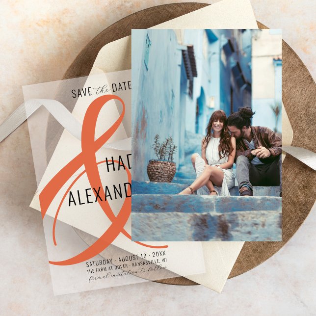 Simple Modern ORANGE Photo Underlay Wedding Save The Date (Simple photo underlay for modern burnt orange Italian sunset ampersand vellum wedding save the date)
