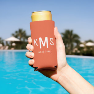 Simple Modern Orange & White Monogram Wedding Seltzer Can Cooler