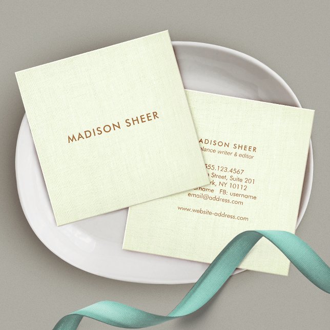 Simple Modern Pastel Lime Green Linen, Minimalist Square Business Card (Creator Uploaded)