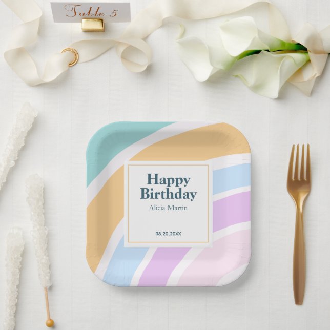 Simple Modern Pastel Rainbow Happy Birthday Paper Plate (Wedding)