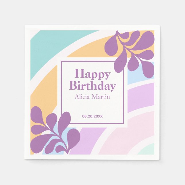 Simple Modern Pastel Rainbow Leaf Birthday Napkin (Front)