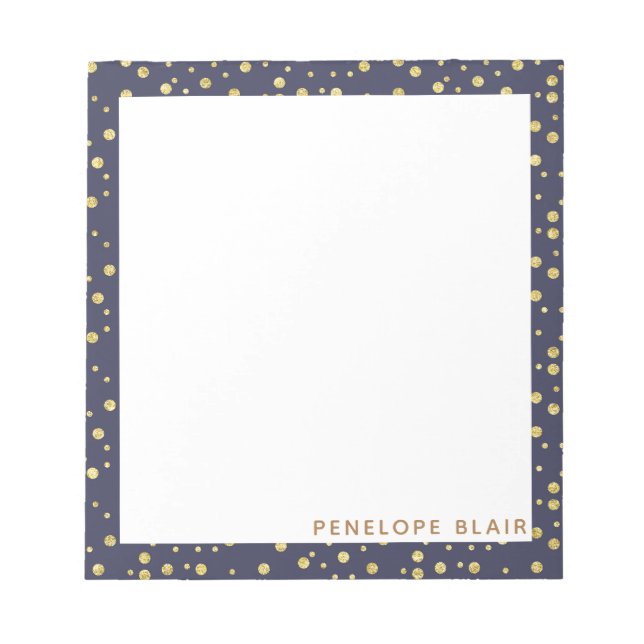 Simple Modern Pattern of Gold Dots on Navy Name Notepad (Front)