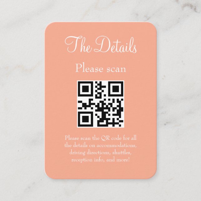 Simple Modern Peach Wedding Details with QR Code Enclosure Card (Front)