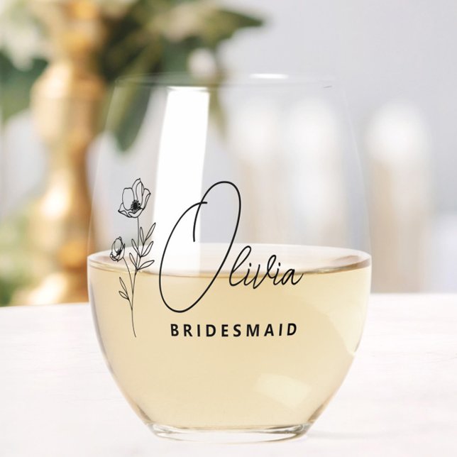 Simple Modern Personalised Bridesmaid Floral Stemless Wine Glass (maid of honor wine glass,bridesmaid wine glass with name,wildflower floral bridesmaid gifts,)
