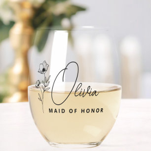 Simple Modern Personalised Bridesmaid Floral Stemless Wine Glass