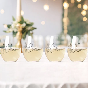 Simple Modern Personalised Bridesmaid Floral Stemless Wine Glass