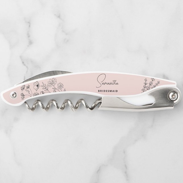 Simple Modern Personalised Bridesmaid Floral Waite Corkscrew (Elegant Personalized Wine Corkscrew Opener, Perfect Gift for Bridesmaids, Maid of Honor, Weddings)