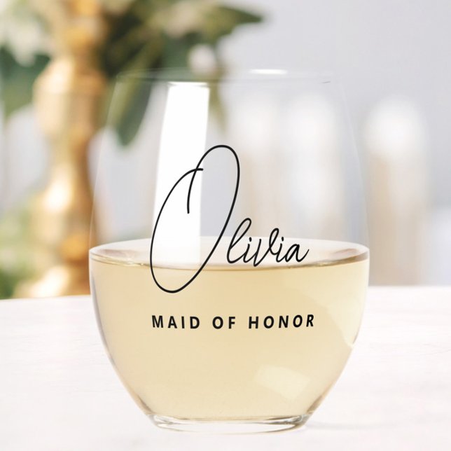 Simple Modern Personalised Maid of Honour Stemless Wine Glass (Creator Uploaded)