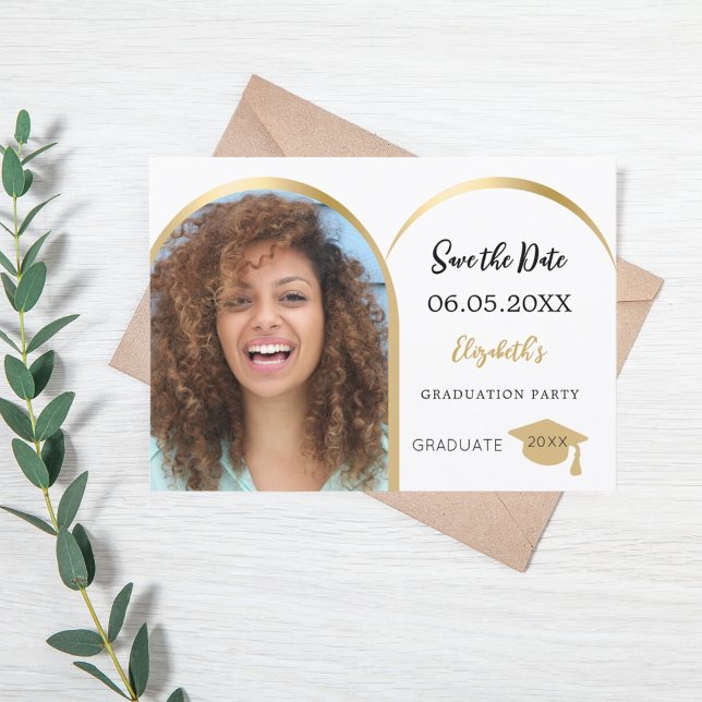 Simple modern photo arch gold Graduation Party Save The Date (Creator Uploaded)