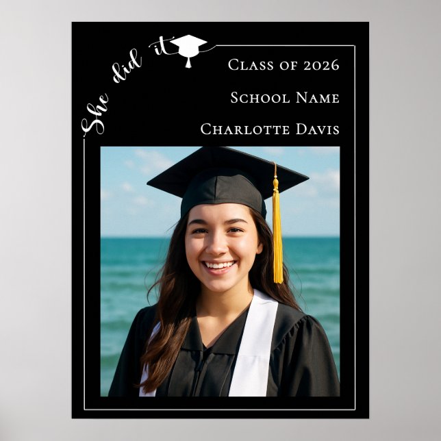 Simple modern photo black Graduation Party welcome Poster (Front)