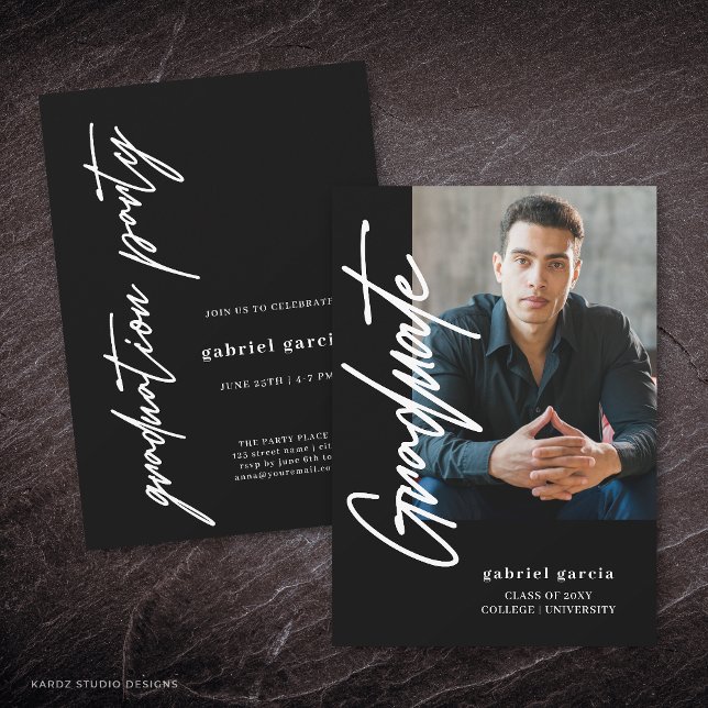 Simple Modern Photo Black Script Graduation Party Invitation (Front and back of the invite is shown in 5x7-inch. Choose size, paper, and corner style.)