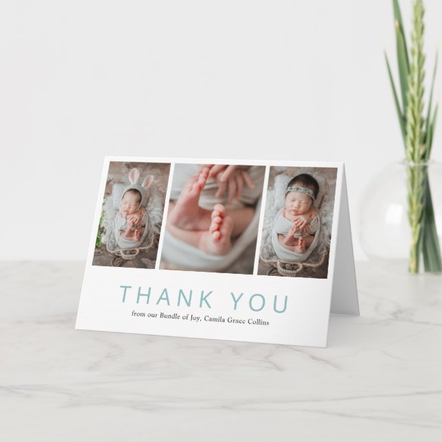 Simple Modern Photo Collage Blue Boy Baby Shower Thank You Card (Front)