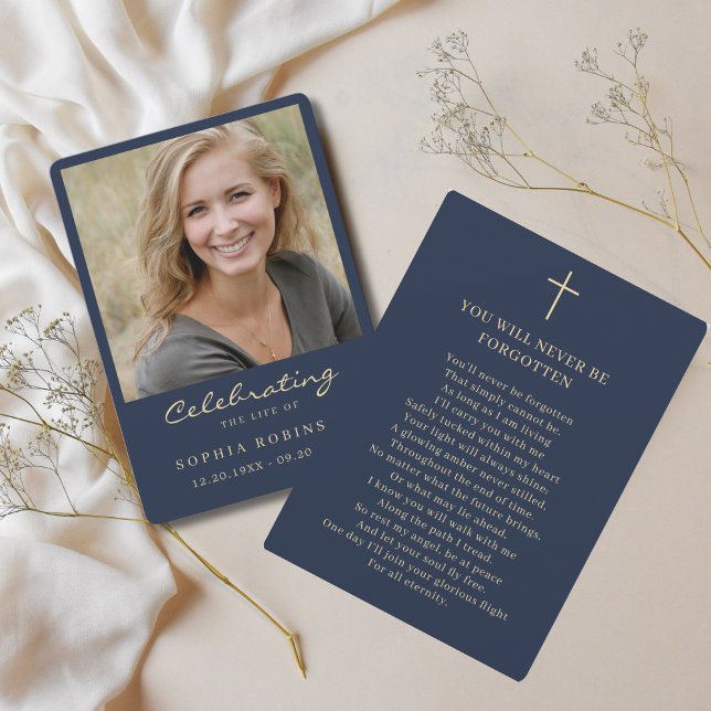 Simple Modern Photo Gold Script Blue Memorial Card (Creator Uploaded)