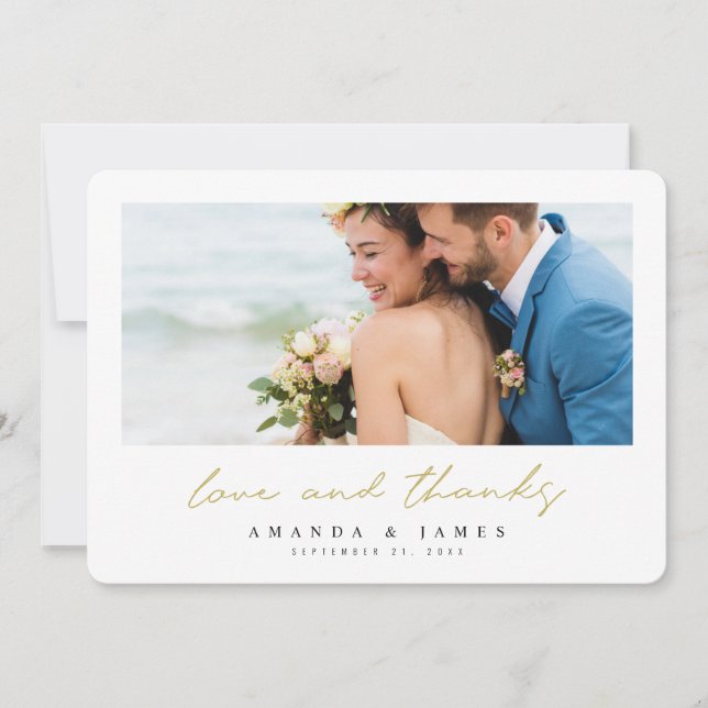 Simple Modern Photo Gold Typography Wedding Thank You Card (Front)